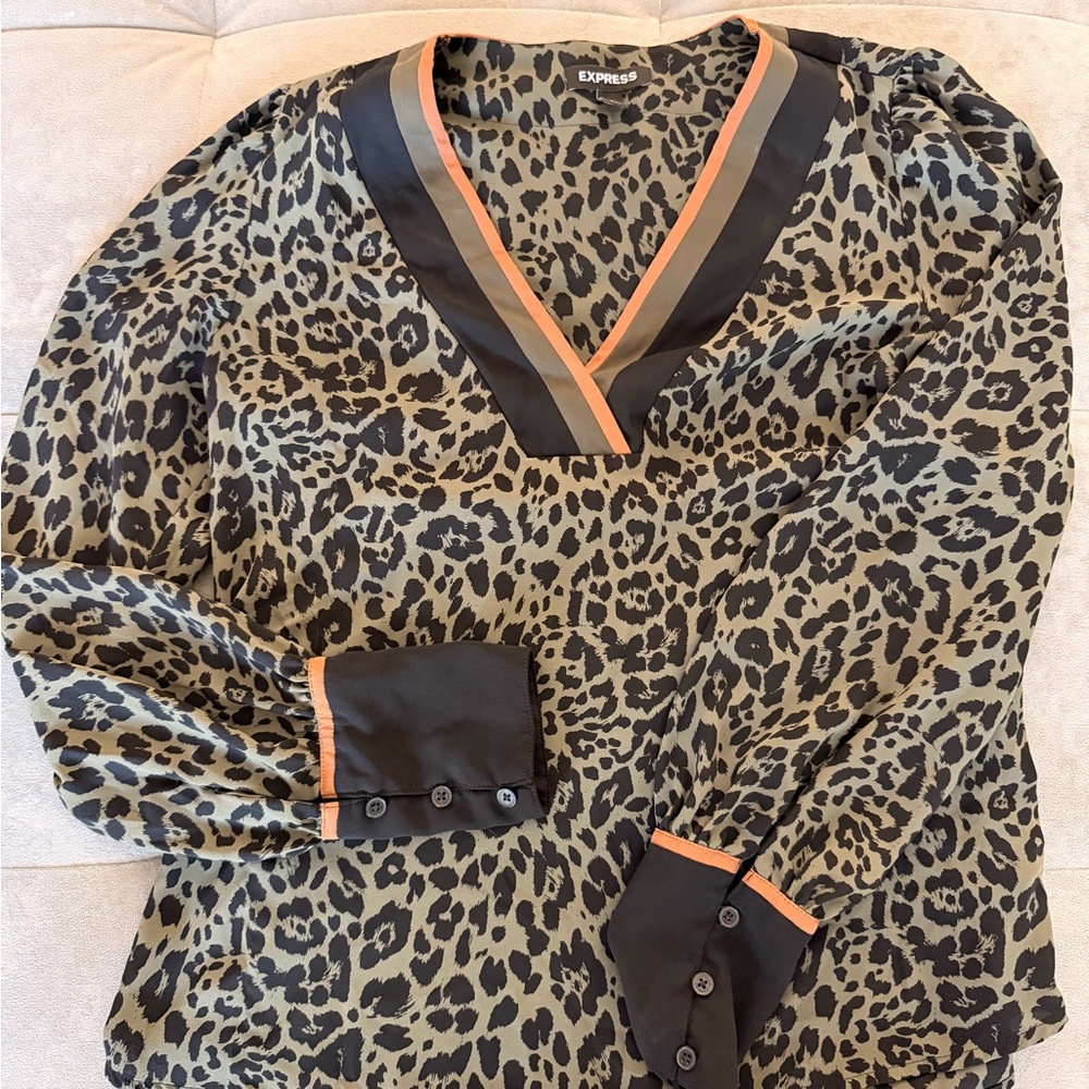 Express Leopard Print V-Neck Blouse - green, Black and Brown